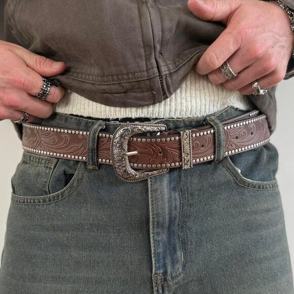 y2k western brown studded floral cowboy boho belt - Picture 11 of 11